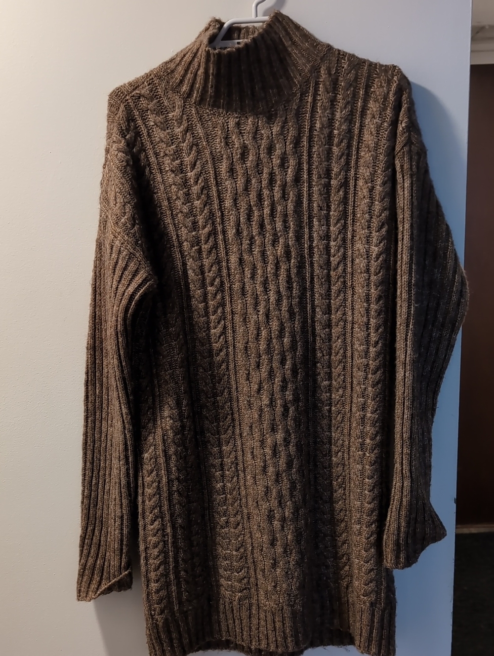Women's Cable Knit Mock Neck Sweater Dress  - Brown